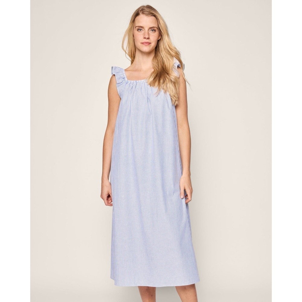 Petite Plume French Blue Seersucker Twill Clementine 100% Cotton Nightgown Sz L